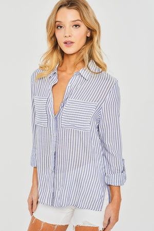Blue White Stripe Button Down Blouse- -Trendy Me Boutique, Granada Hills California