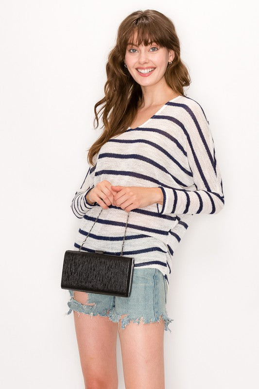 Ivory Blue Stripe Knit Top- -Trendy Me Boutique, Granada Hills California