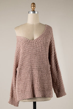 Mauve Knit V Neck Sweater- -Trendy Me Boutique, Granada Hills California
