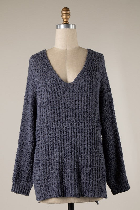 Blue V Neck Knit Sweater- -Trendy Me Boutique, Granada Hills California
