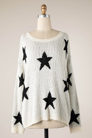 Ivory Black Star Knit Sweater- -Trendy Me Boutique, Granada Hills California