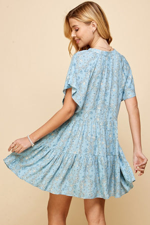 Blue Printed Babydoll Tiered Dress- -Trendy Me Boutique, Granada Hills California
