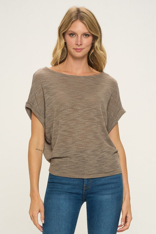 Mocha Boatneck Knit Dolman Top- -Trendy Me Boutique, Granada Hills California