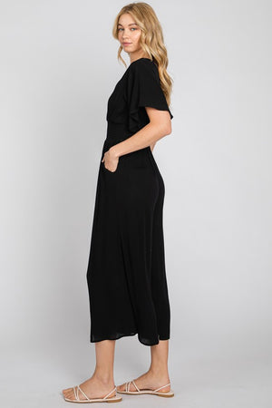 Black Short Sleeve Smock Waist Jumpsuit- -Trendy Me Boutique, Granada Hills California