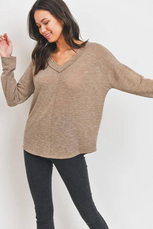 Tobacco Hacci Knit V Neck Top- -Trendy Me Boutique, Granada Hills California