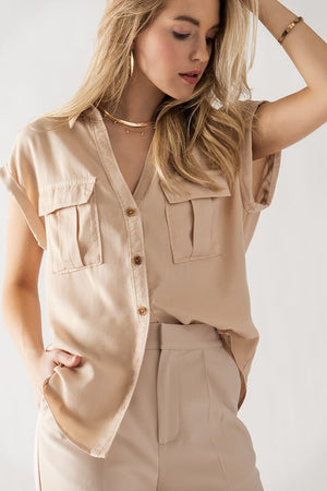 Taupe Pocket Front Button Down Shirt- -Trendy Me Boutique, Granada Hills California