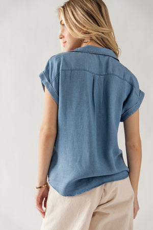 Blue Pocket Front Button Down Shirt- -Trendy Me Boutique, Granada Hills California