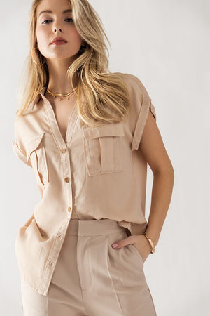 Taupe Pocket Front Button Down Shirt- -Trendy Me Boutique, Granada Hills California