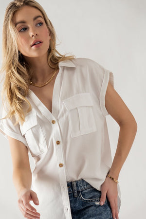 White Pocket Front Button Down Shirt- -Trendy Me Boutique, Granada Hills California