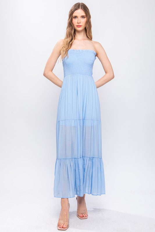 Baby Blue Strapless Smocked Midi Dress- -Trendy Me Boutique, Granada Hills California