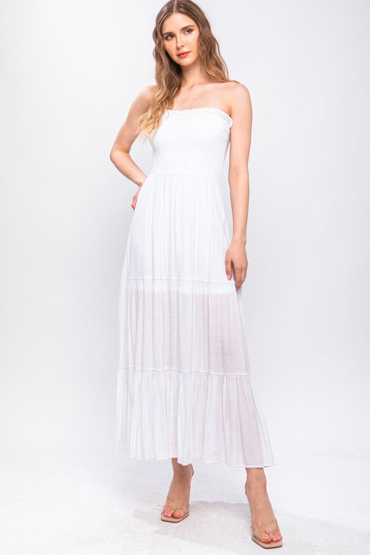 White Strapless Smocked Midi Dress- -Trendy Me Boutique, Granada Hills California