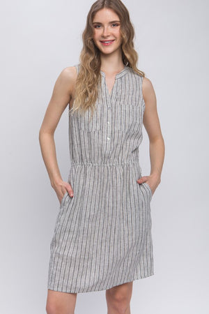 Grey Stripe Linen Dress- -Trendy Me Boutique, Granada Hills California
