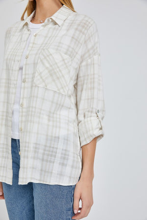 Ivory Taupe Plaid Button Down Shirt- -Trendy Me Boutique, Granada Hills California