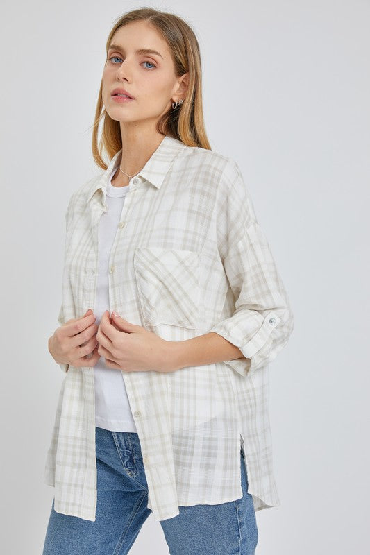 Ivory Taupe Plaid Button Down Shirt- -Trendy Me Boutique, Granada Hills California