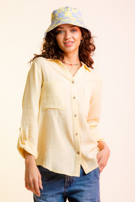 Yellow Cotton Gauze Button Down Shirt- -Trendy Me Boutique, Granada Hills California