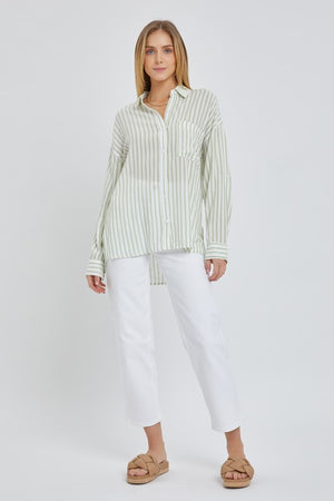 Sage Thin Jacquard Striped Button Down Shirt- -Trendy Me Boutique, Granada Hills California