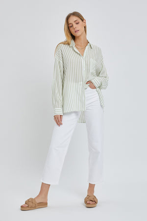 Sage Thin Jacquard Striped Button Down Shirt- -Trendy Me Boutique, Granada Hills California
