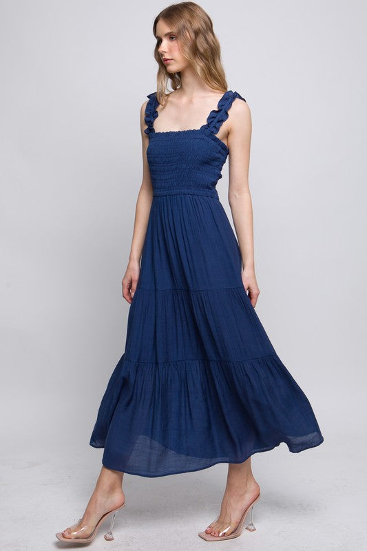 Navy Ruffle Tiered Smocked Midi Dress- -Trendy Me Boutique, Granada Hills California