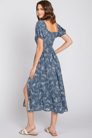 Blue Ivory floral Puff Sleeve Dress- -Trendy Me Boutique, Granada Hills California