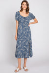 Blue Ivory floral Puff Sleeve Dress- -Trendy Me Boutique, Granada Hills California
