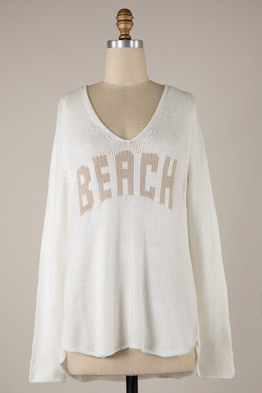 White Taupe Beach Print Sweater- -Trendy Me Boutique, Granada Hills California