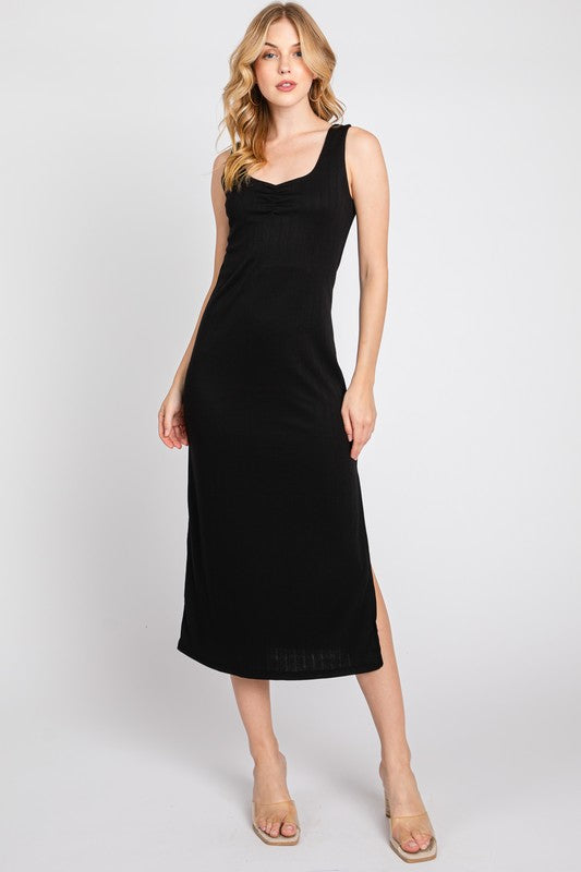 Black Ruched Front Slim Dress- -Trendy Me Boutique, Granada Hills California