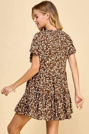 Brown Cream Floral Tiered Dress- -Trendy Me Boutique, Granada Hills California