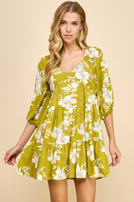Chartreuse Floral Tier Dress- -Trendy Me Boutique, Granada Hills California