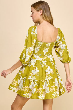 Chartreuse Floral Tier Dress- -Trendy Me Boutique, Granada Hills California