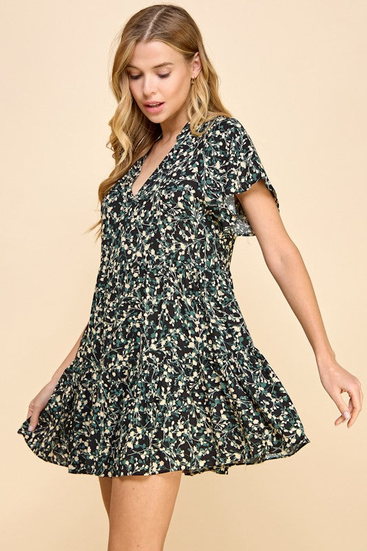 Black Teal Floral Tiered Dress- -Trendy Me Boutique, Granada Hills California