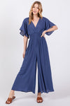 Blue Short Sleeve Smock Waist Jumpsuit- -Trendy Me Boutique, Granada Hills California