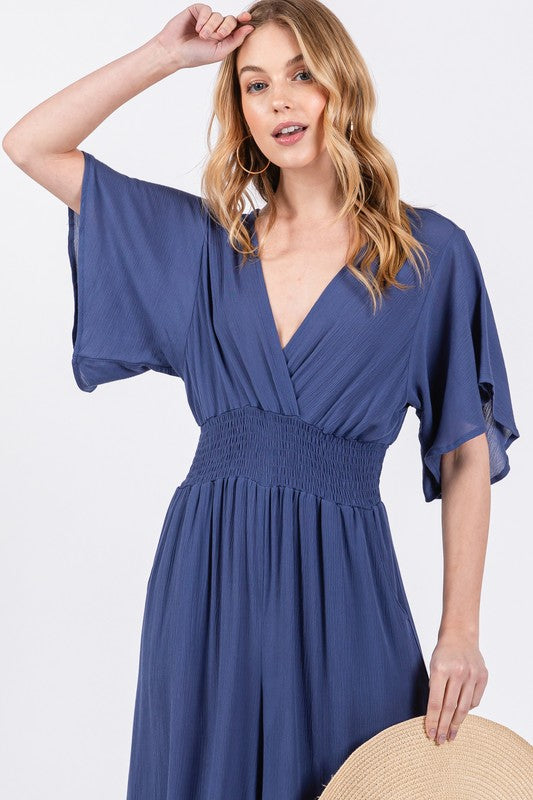 Blue Short Sleeve Smock Waist Jumpsuit- -Trendy Me Boutique, Granada Hills California