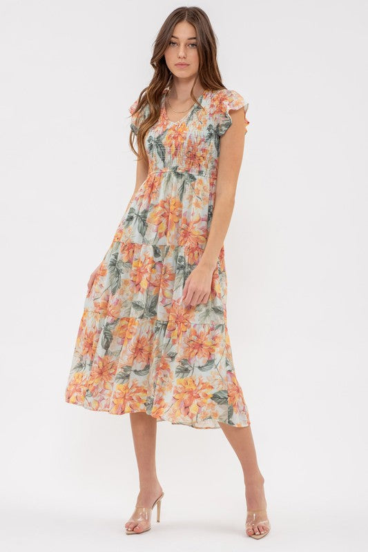 Floral Smocked V Neckline Dress- -Trendy Me Boutique, Granada Hills California