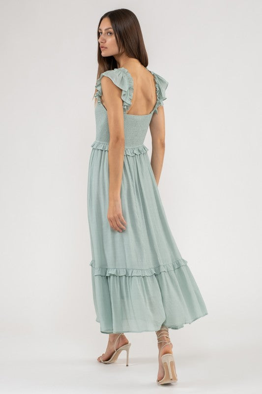Sage Flutter Sleeve Smock Dress- -Trendy Me Boutique, Granada Hills California