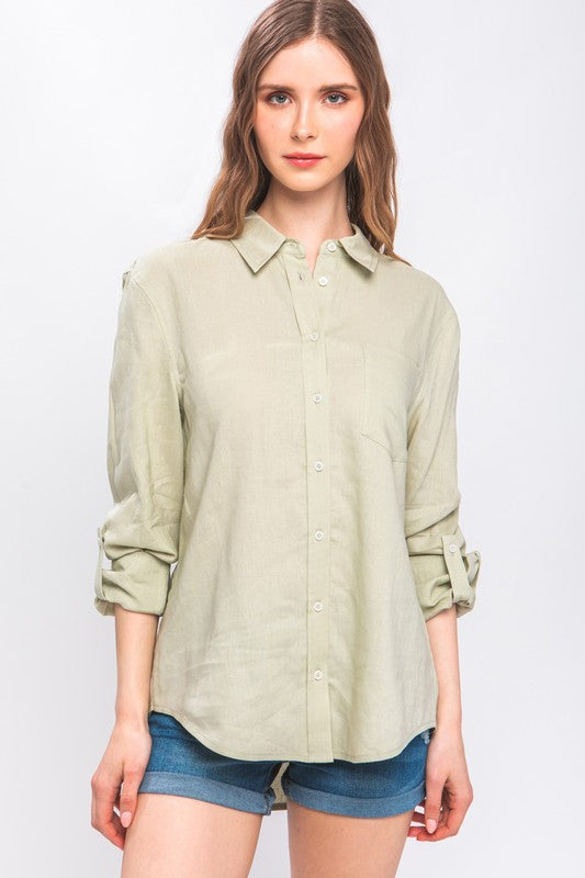 Sage Linen Button Down Blouse- -Trendy Me Boutique, Granada Hills California