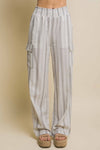 Grey Ivory Stripe Linen Cargo Pant- -Trendy Me Boutique, Granada Hills California