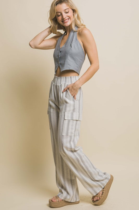Grey Ivory Stripe Linen Cargo Pant- -Trendy Me Boutique, Granada Hills California