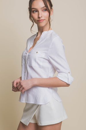 White Linen V Neckline Detail Blouse- -Trendy Me Boutique, Granada Hills California
