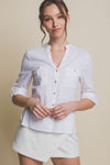 White Linen V Neckline Detail Blouse- -Trendy Me Boutique, Granada Hills California