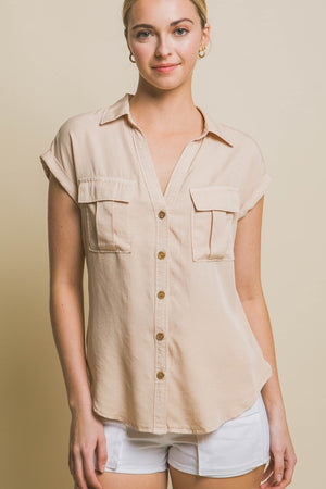Beige Pocket Front Button Down Shirt- -Trendy Me Boutique, Granada Hills California