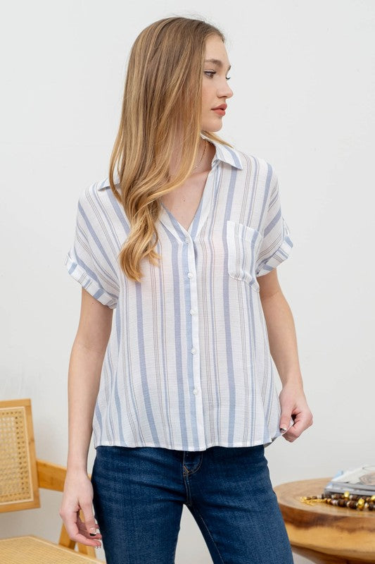 Blue Short Sleeve Stripe Blouse- -Trendy Me Boutique, Granada Hills California