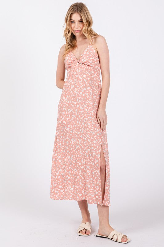 Salmon Pink Floral Twist Front Dress- -Trendy Me Boutique, Granada Hills California