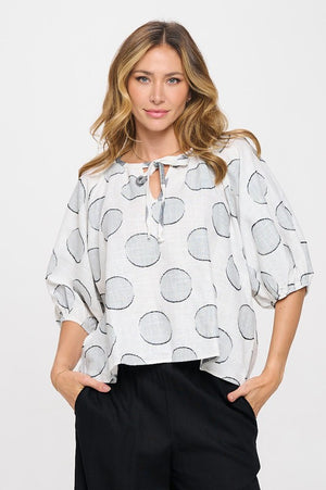 Ivory Grey Circle Print Blouse- -Trendy Me Boutique, Granada Hills California