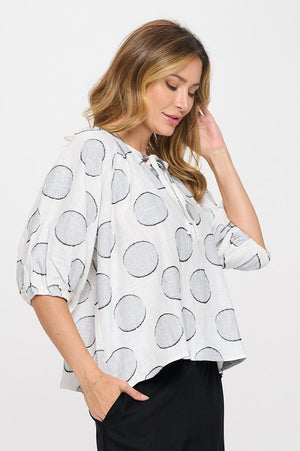 Ivory Grey Circle Print Blouse- -Trendy Me Boutique, Granada Hills California