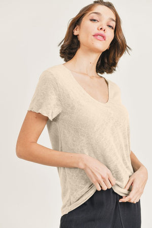 Oatmeal Short Sleeve Slub Tee- -Trendy Me Boutique, Granada Hills California