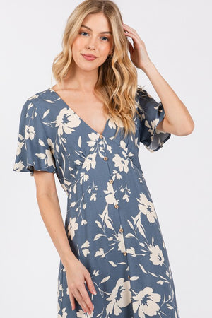 Blue Floral A-Line Dress- -Trendy Me Boutique, Granada Hills California