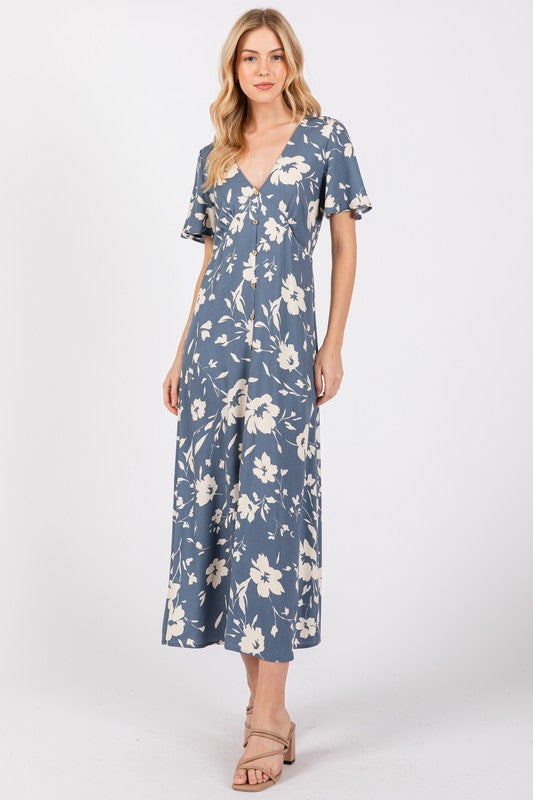 Blue Floral A-Line Dress- -Trendy Me Boutique, Granada Hills California