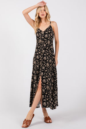 Black Taupe Ditsy Floral Maxi Dress- -Trendy Me Boutique, Granada Hills California