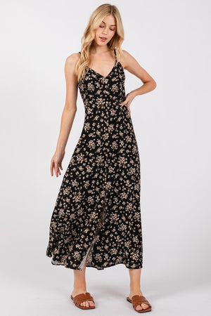 Black Taupe Ditsy Floral Maxi Dress- -Trendy Me Boutique, Granada Hills California