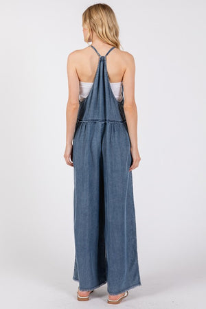 Denim Mineral Wash Spaghetti Jumpsuit- -Trendy Me Boutique, Granada Hills California